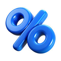 A glossy blue 3d percentage sign symbol is displayed against a clean transparent background representing discounts and financial concepts