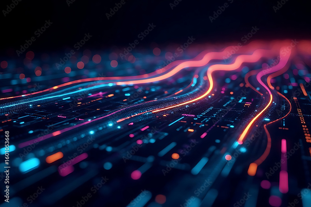 Poster a colorful, abstract image of a line of lights that are all different colors. the image has a futuri