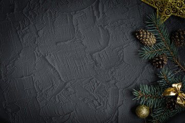 Christmas stone background with snow fir tree. Top view with copy space