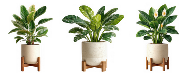 Three potted green houseplants with lush foliage are displayed in white textured ceramic pots on wooden