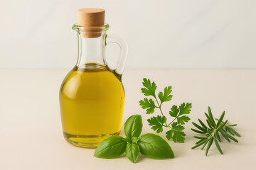 A bottle of olive oil sits alongside fresh herbs, ideal for cooking and adding flavor.