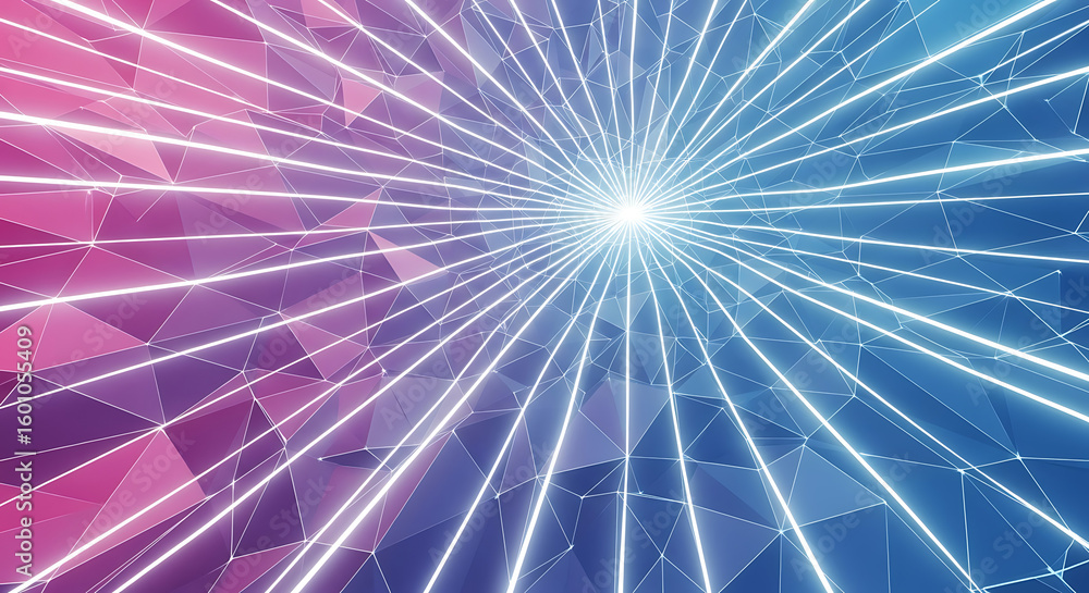 Poster abstract polygonal surface with radiating lines and a central light source in pink and blue tones
