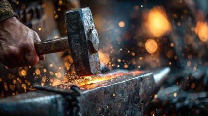 Blacksmith Striking Red-Hot Metal on Anvil with Hammer and Sparks Flying