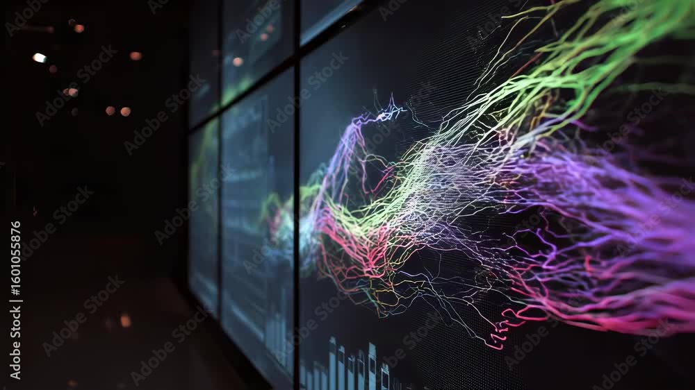 Poster large screen displaying colorful data streams, visualizing complex information flow, suggesting inno