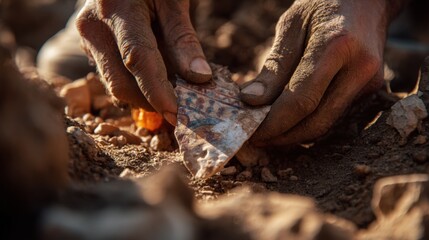 Archaeologist Brushing Dirt Off Ancient Pottery Shard at Excavation Site