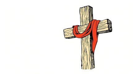 Hand-painted style of a wooden cross decorated with torn red cloth.