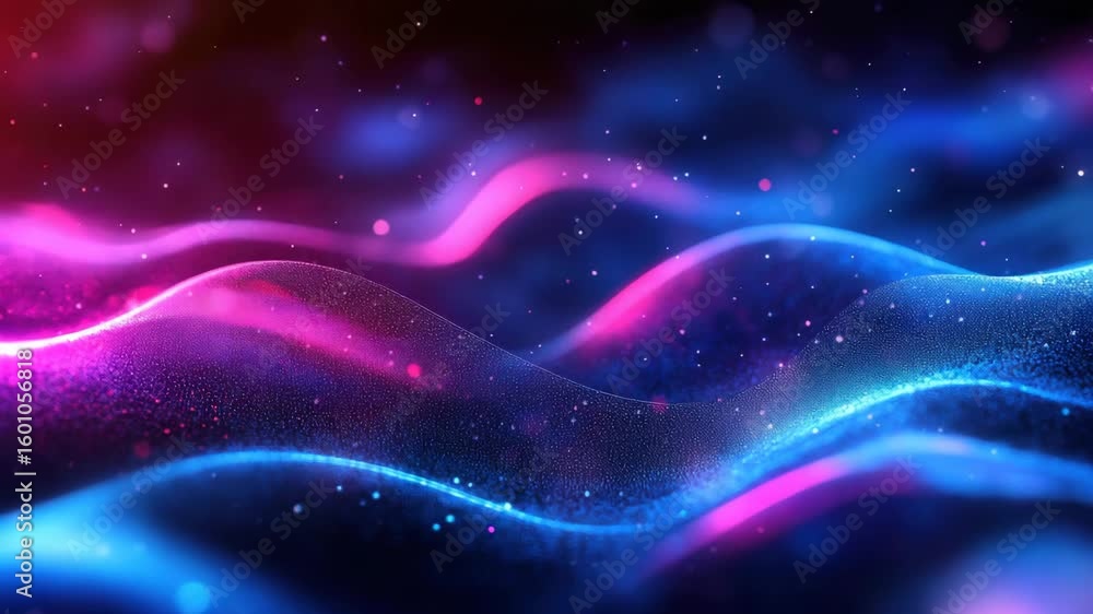 Poster abstract futuristic neon landscape with glowing particles and dynamic waves animation 3d