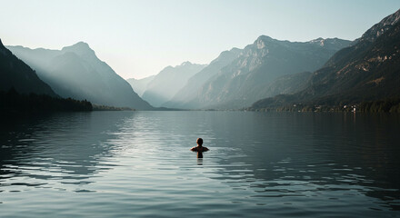 Naklejka premium Swimmer in a peaceful alpine lake with dramatic mountain backdrop at sunrise