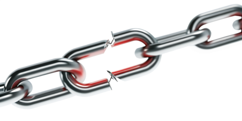 Broken metal chain links with red interior isolated on a transparent background silver