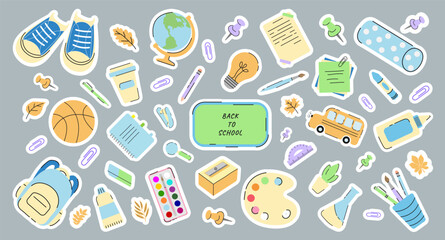 School Supplies Modern Stickers Set. Back to school. Books, Globe, Backpack, Stationery. Kids Vector Illustration in Doodle Style. Education Art Supplies and School Stationery, School Bus, Board.