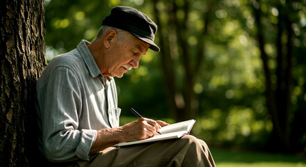 Senior man writing in notebook under tree in park