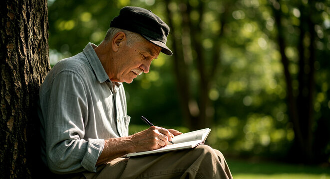 Senior man writing in notebook under tree in park
