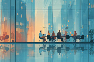 A diverse group of professionals collaborating in a sleek