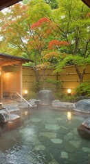 Peaceful outdoor japanese onsen hot spring pool in a relaxing autumn garden with maple trees