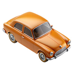 A vintage orange sedan car is depicted from a high angle showcasing its classic design and glossy finish against a transparent background