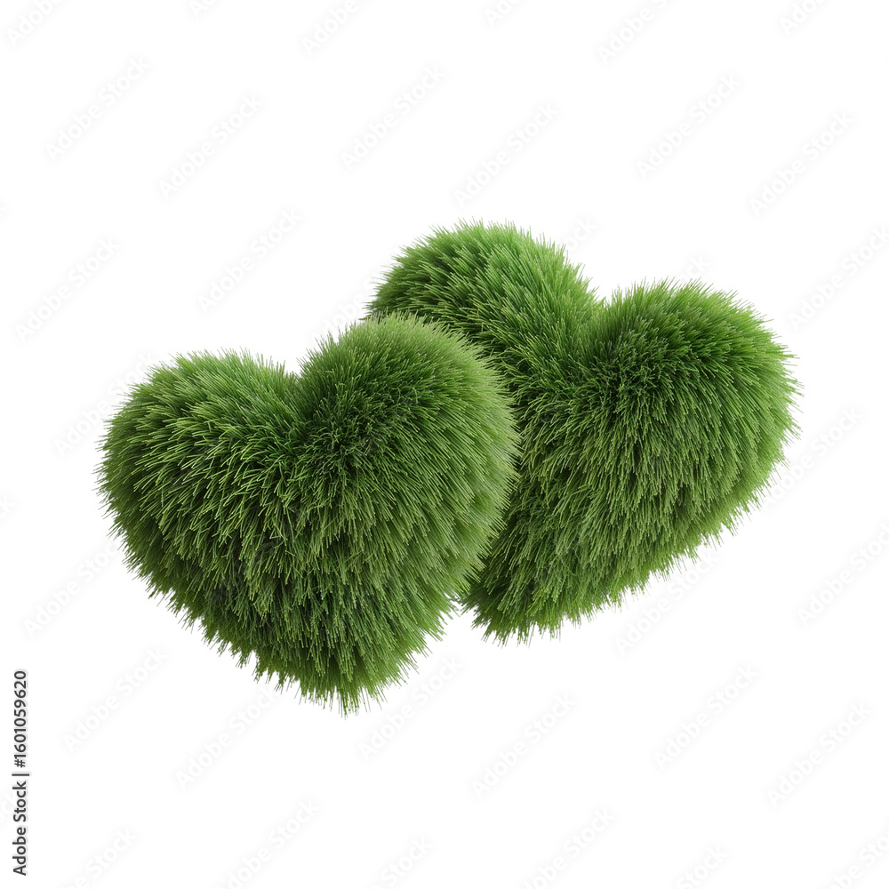 Poster two fuzzy green hearts floating in space symbolizing love and affection in isolation