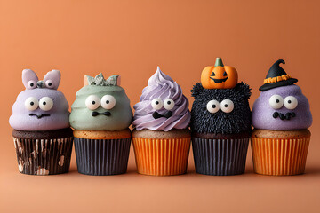 Cute and Delicious Halloween cupcakes frosting decorated with pumpkin, bat, and ghost toppers, on orange background. Halloween dessert treat for holiday party celebration.