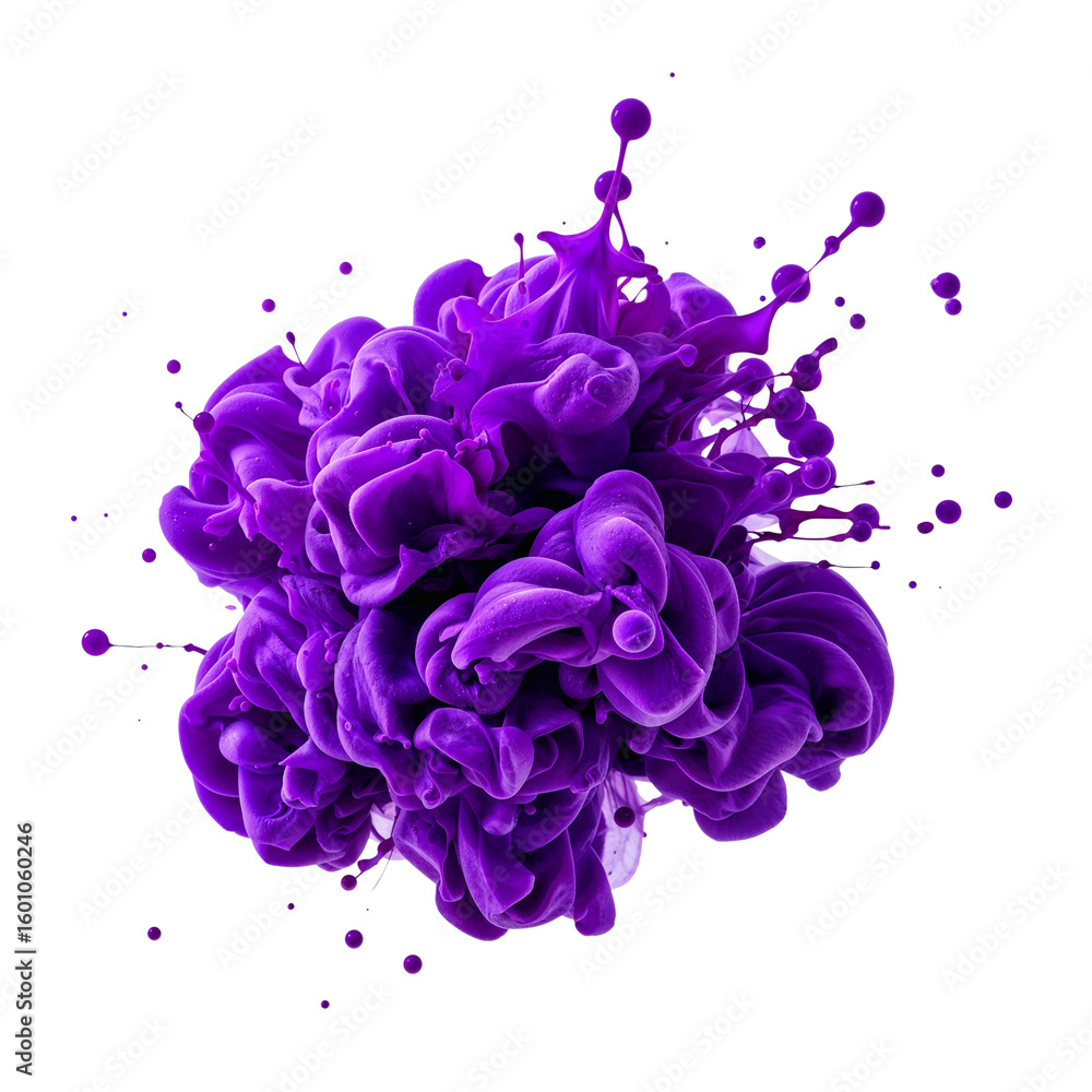Poster dynamic burst of violet pigment suspended in time against a featureless background