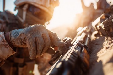 First-Person View of Soldier Loading Rifle Magazine in Desert Sunlight
