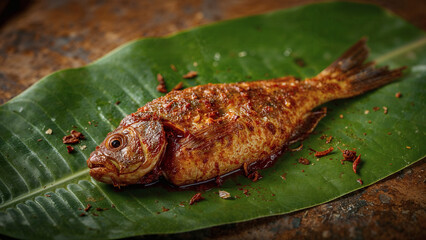 Kerala style fish fry in banana leaf