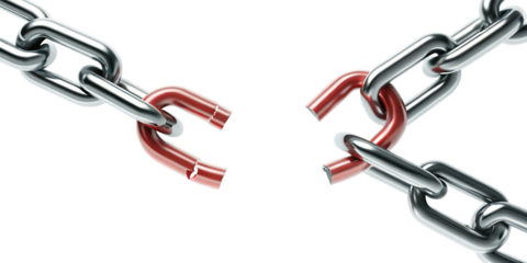 Broken metal chain with red link isolated on a transparent background image