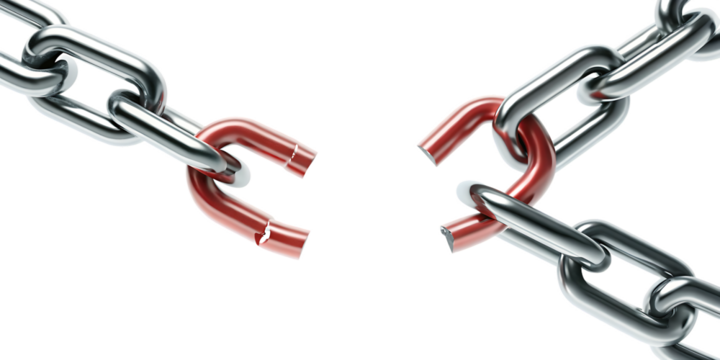 Broken metal chain with red link isolated on a transparent background image