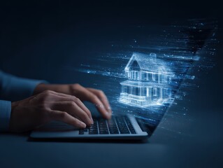 AI-powered automated real estate analytics and property valuation. Intelligent property management and AI-powered property investment. Man using laptop computer.