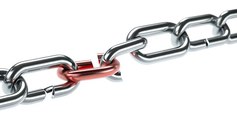 Broken metal chain with red link isolated on a transparent background steel