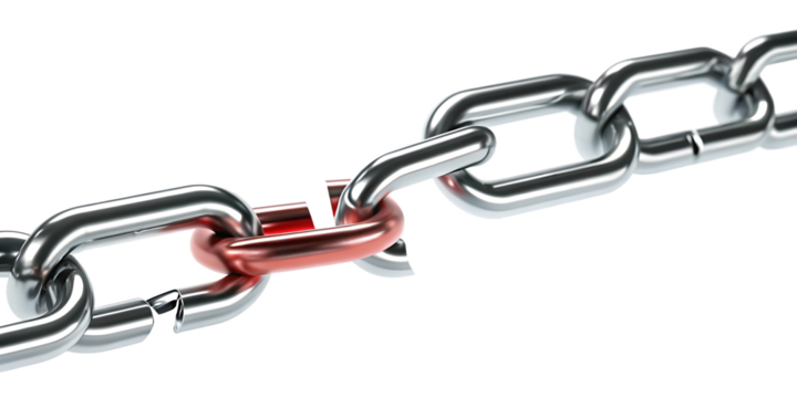 Broken metal chain with red link isolated on a transparent background steel