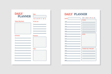 Two vector simple daily planner templates with sections for date, schedule, to- do list, notes and goals