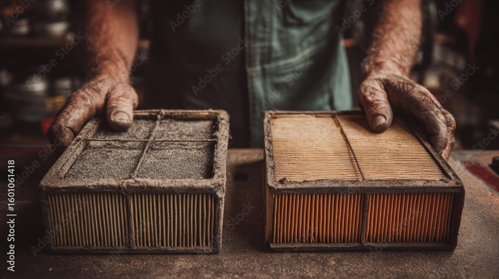 Poster mechanic's hands replacing air filter with old and new filters side by side
