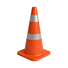 Isolated orange safety cone with reflective stripes on a transparent field of view