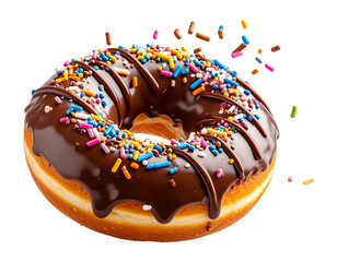 Floating chocolate-drizzled donut with colorful sprinkles, PNG