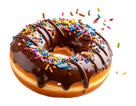Floating chocolate-drizzled donut with colorful sprinkles, PNG