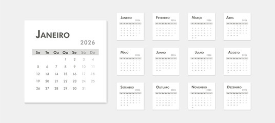 Black and white portuguese calendar for 2026. Large month of January on left, thumbnails of all months on right, Monday week start