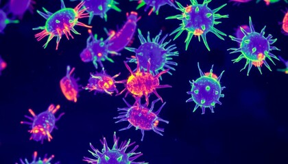 Colorful microscopic view of bacteria against dark background  