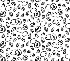Linear seamless pattern with summer garden berries and fruits, black outline on white background
