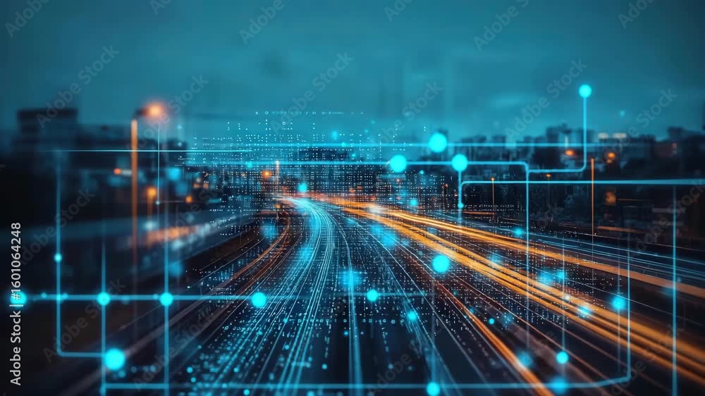Poster futuristic digital city with glowing data streams and advanced network technology interface