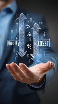 Businessman showing quality increase and cost decrease with arrows and percentages finance growth
