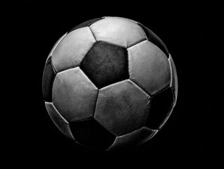 Naklejka premium Monochrome close-up of a classic, slightly worn soccer ball against a pure black backdrop; showing textured leather panels