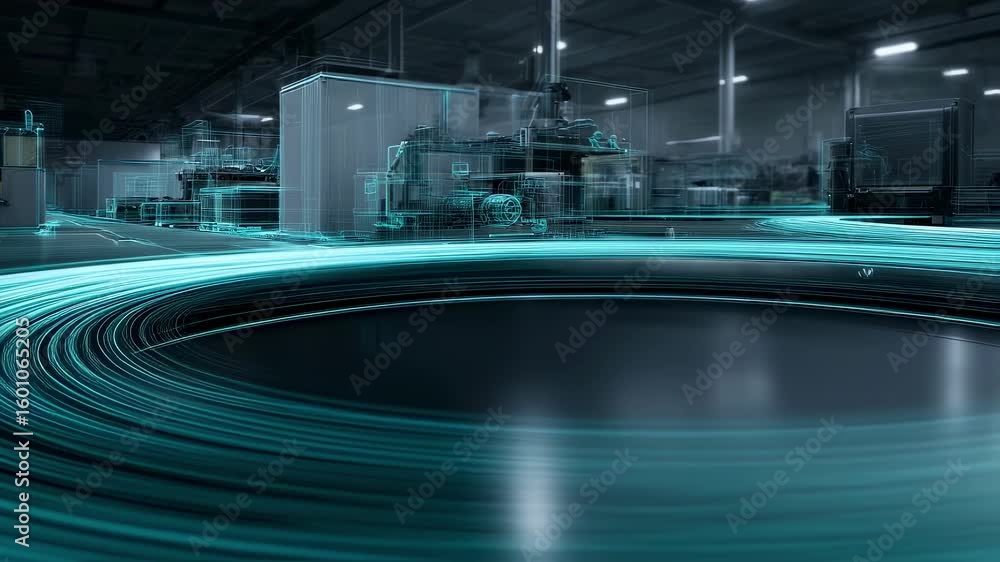 Poster light trails showing the movement of an automated guided vehicle - agv - carrying goods through a di