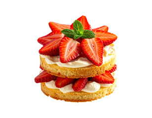 Cinematic image of a layered strawberry shortcake levitating, cream and fruit slices visible, PNG