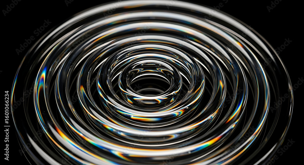 Poster abstract image of concentric clear rings with rainbow reflections on a black background close up vie