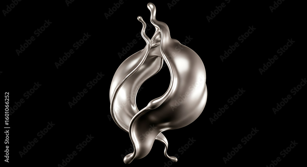 Poster a silver liquid splash forming an abstract shape against a stark black background creating a dynamic