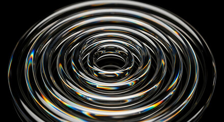 Obraz premium Abstract image of concentric clear rings with rainbow reflections on a black background close up view