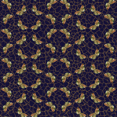 Pattern with butterflyes on dark blue background with gold kintsugi . Delicate details, artistic look — perfect for women's wear, wall paper, cosmetic packing.