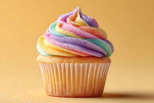 a cupcake with rainbow cream frosting placed on pastel background.