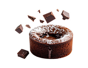 Molten chocolate lava cake suspended in the air, oozing center, powdered sugar dusted on top, PNG
