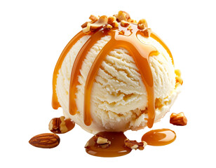 Scoop of vanilla ice cream with caramel drizzle and nuts, PNG