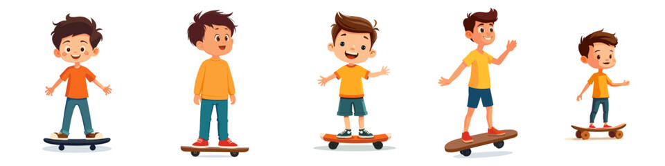 a set of vector illustrations on a transparent background - a cartoon boy riding a skateboard.